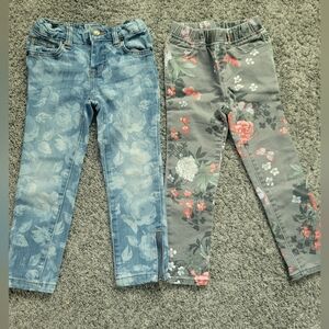 3 Pairs Floral Patterned Kids Jeans Bundle Size 4T W Added Pink Pants